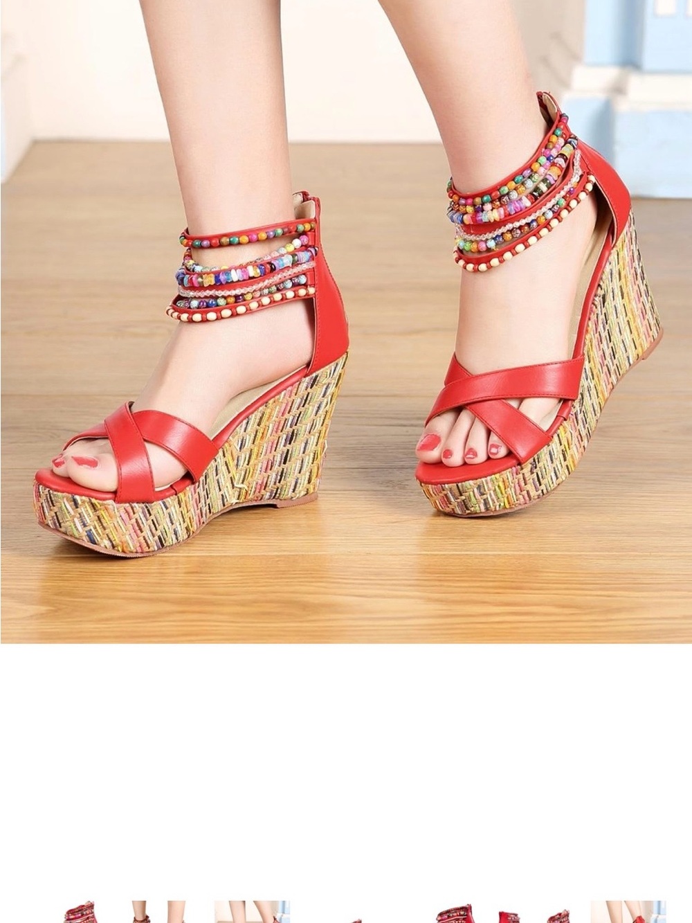 Red Wedge Sandals with Colorful Woven Platform and Ankle Wraps - Picture 2 of 3